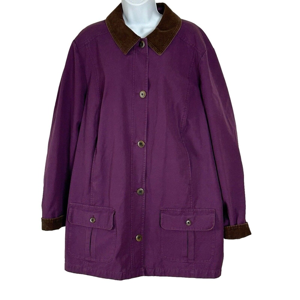 LL Bean Women's Canvas Barn Coat 3X Purple Brown Corduroy Plaid Cotton Lining